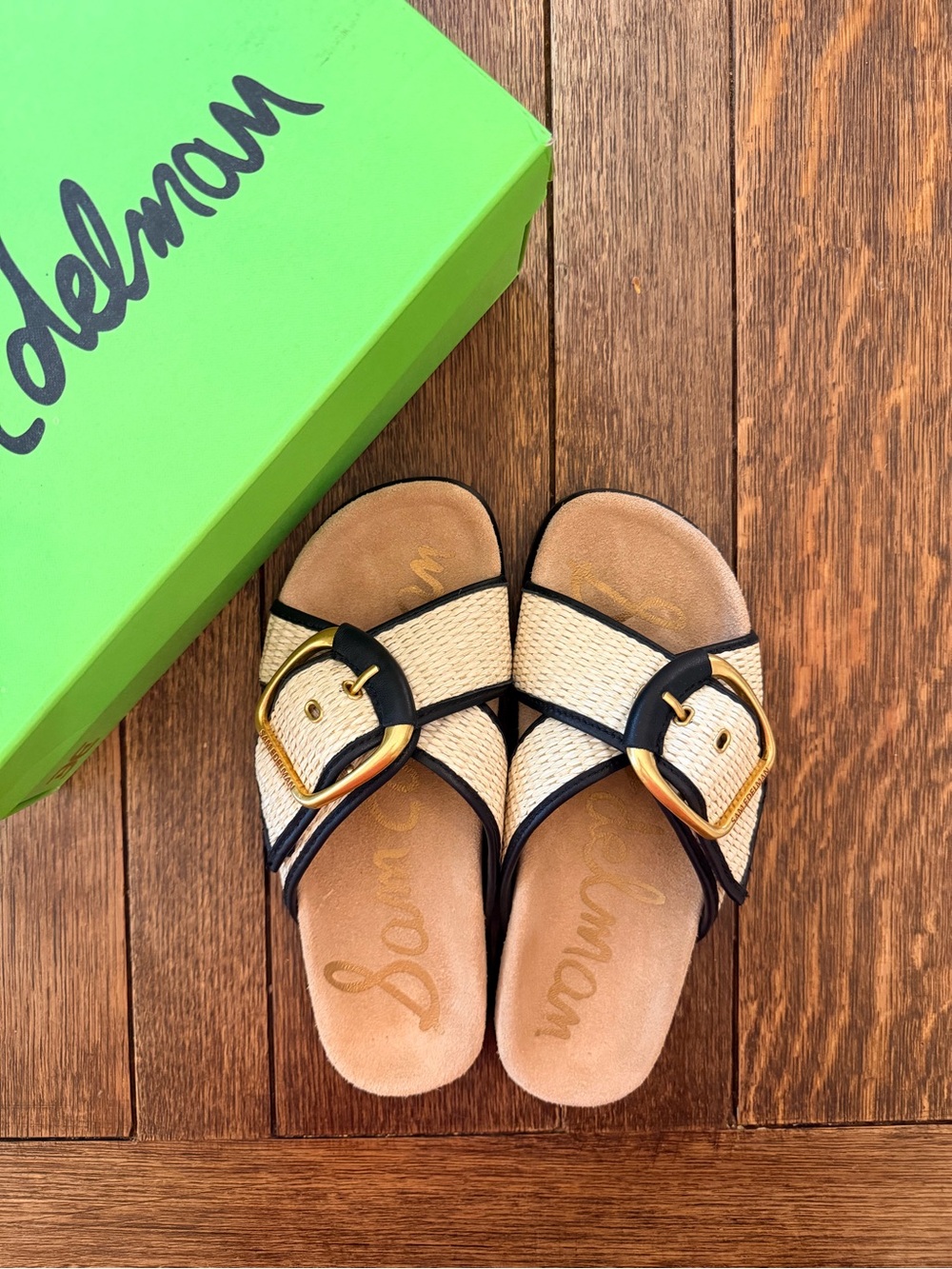 NIB Sam Edelman Darla Multi Buckle Slide Sandal in Linen/Black Faux Raffia - Picture 2 of 6